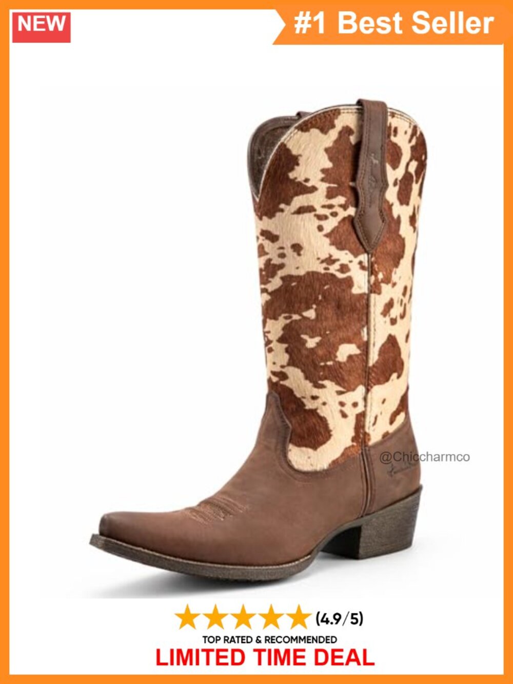 Genuine Leather Western Mid-Calf Boots Embroidered Pointed Toe Cow Print Shaft